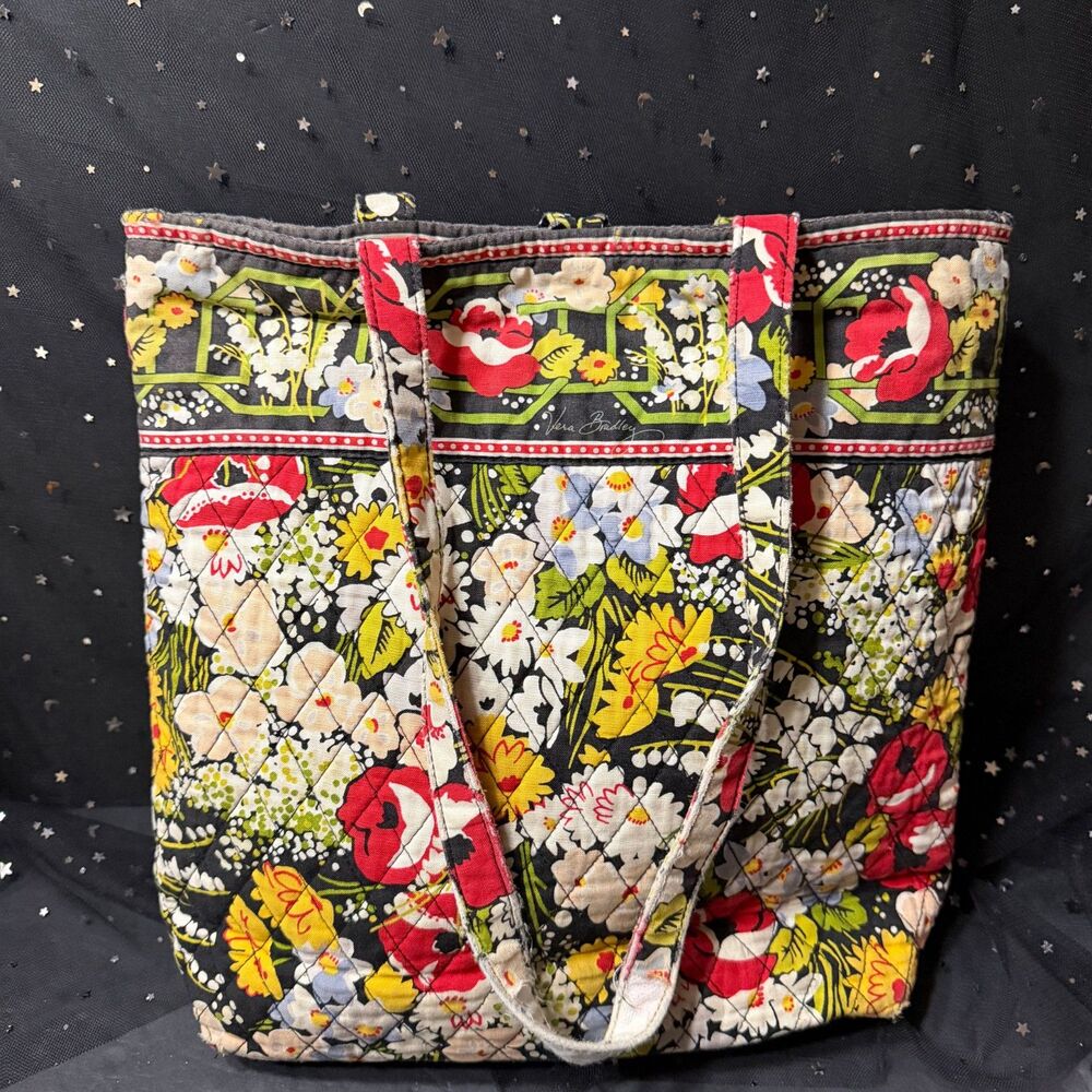 Vera Bradley Poppy Fields Tote Bag Retired Black Floral Quilted Cotton Purse